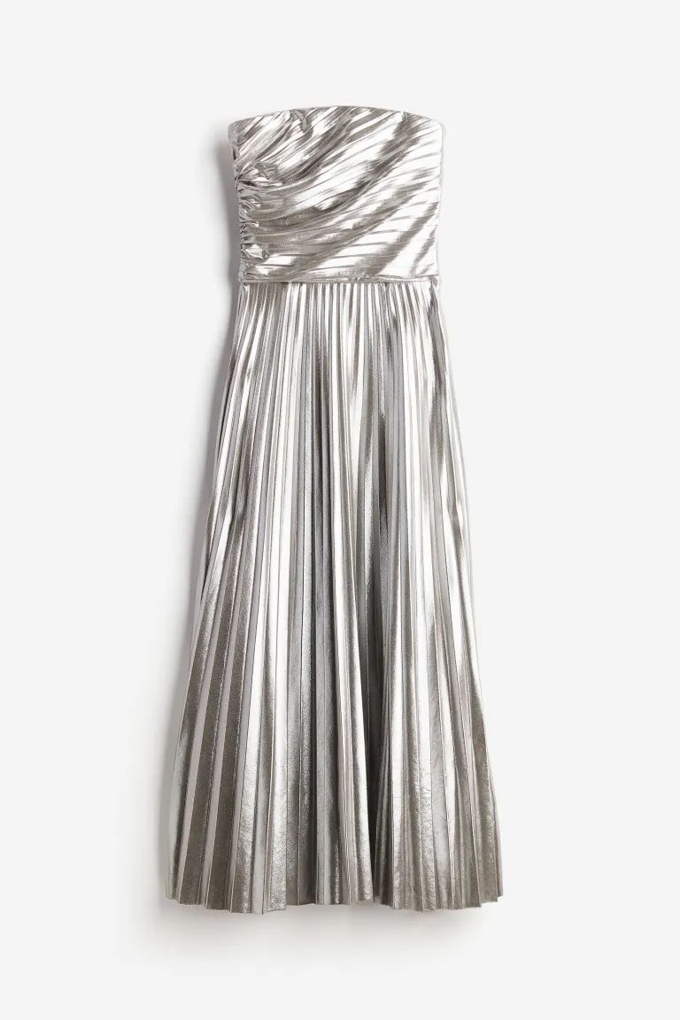 Pleated Bandeau Dress - Sleeveless - Midi - Silver-colored - Ladies | H&M US | H&M (US + CA)
