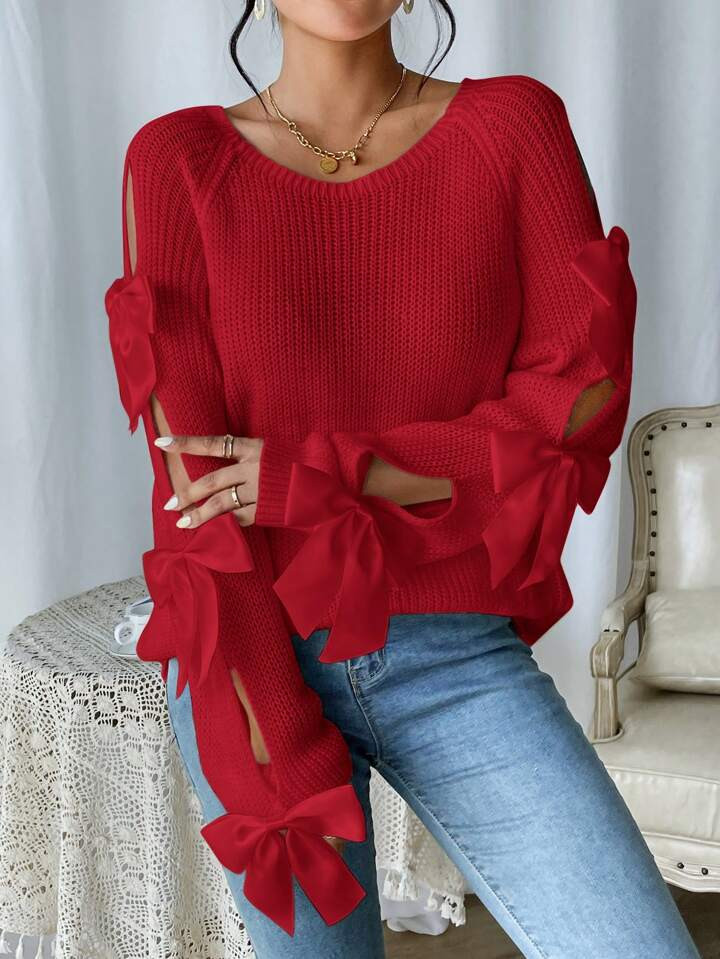 TrendsSHEIN Privé Fashionable Solid Color Hollow-Out Bow Decor Long Sleeve Sweater, Autumn/Winte... | SHEIN