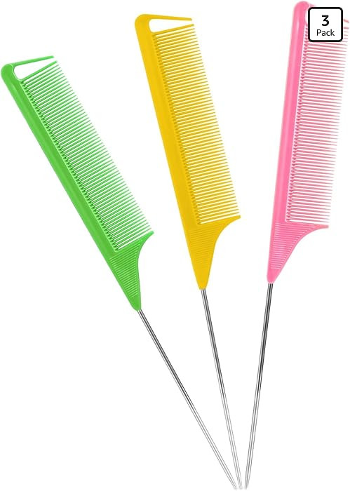 Rat Tail Combs Set: 3Pcs Long Steel Pin Teasing Combs for Salon Hair Stylists, Metal Parting Comb... | Amazon (US)