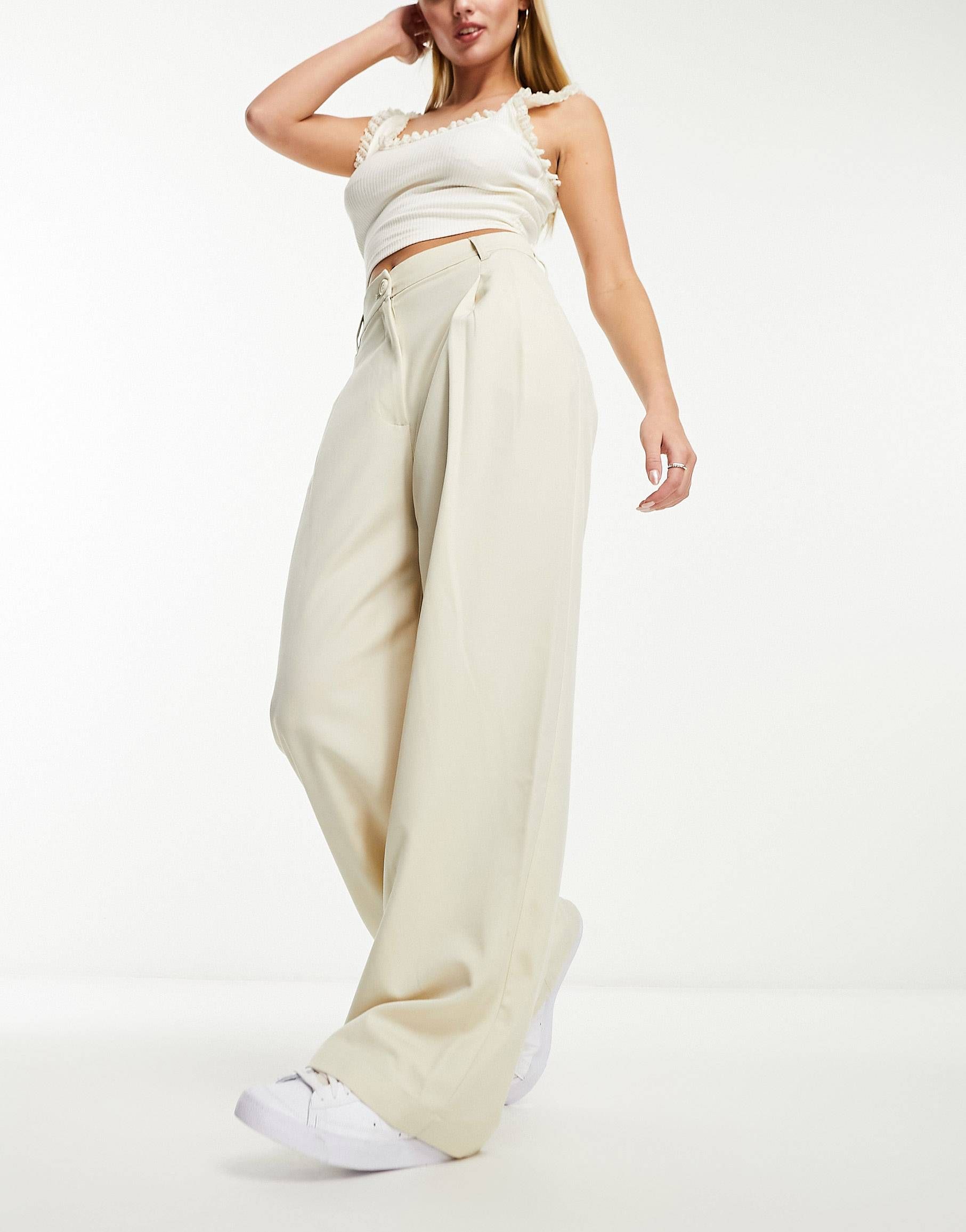 Monki high waist wide leg tailored trousers in beige | ASOS | ASOS (Global)
