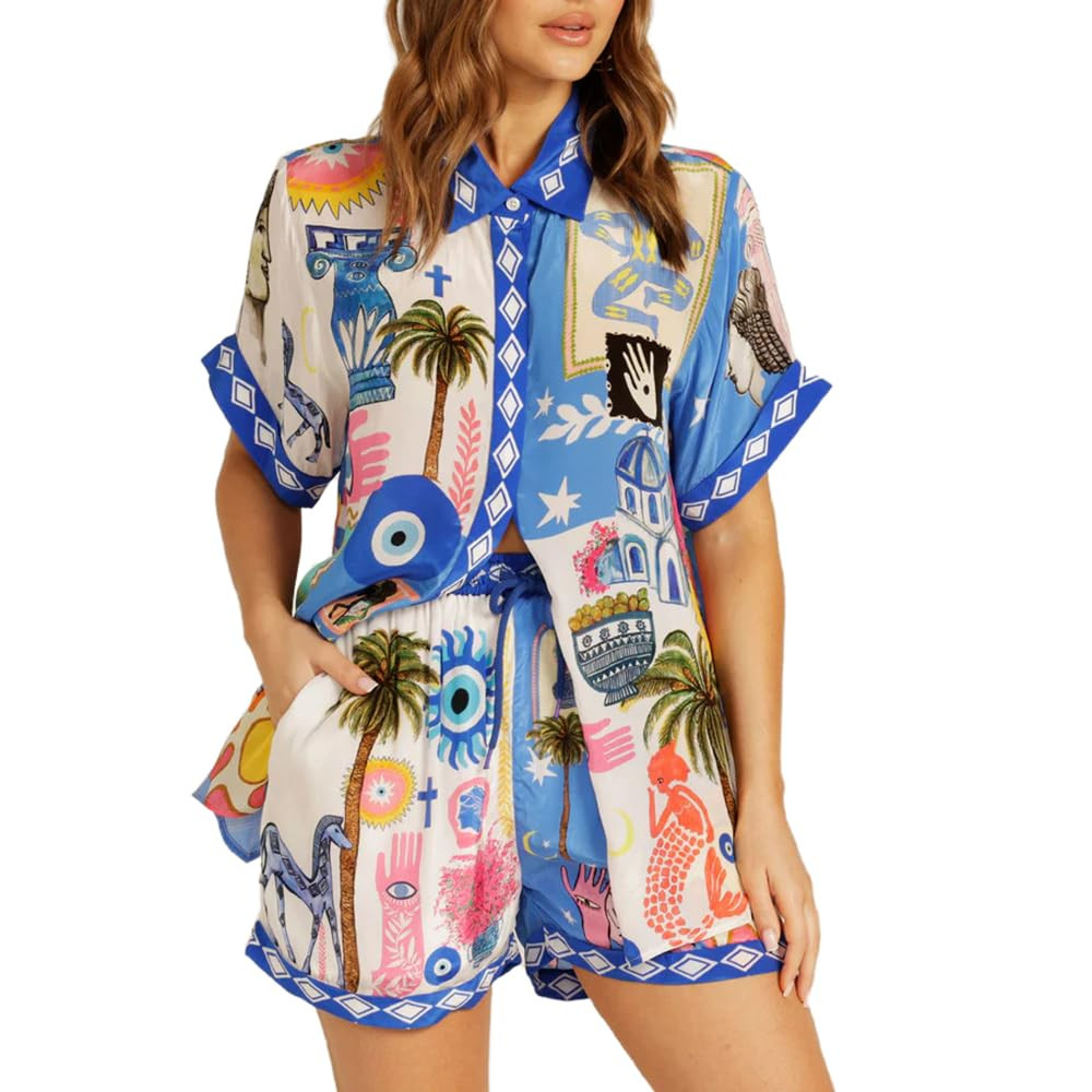 Women's Summer 2 Piece Shorts Set Button Down Short Sleeve Shirt Drawstring Shorts Beach Casual T... | Amazon (US)