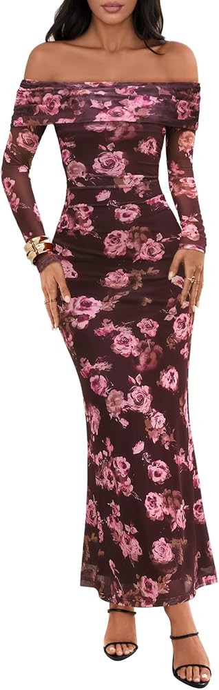 MEROKEETY Women's Fall Off Shoulder Floral Maxi Dresses Formal Long Sleeve Bodycon Cocktail Weddi... | Amazon (US)