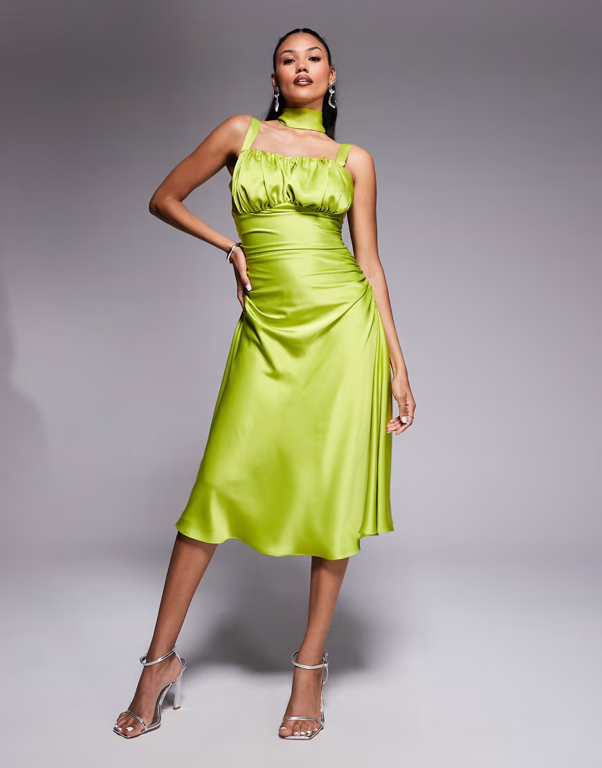 Taideux fuller bust Adrienne boned satin midi dress with ruching and neck scarf in chartreuse-Green | ASOS (Global)