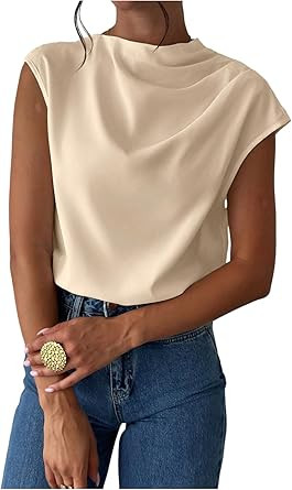 MakeMeChic Women's Draped Neck Tops Cap Sleeve Mock Neck Keyhole Work Shirt Summer Blouse | Amazon (US)