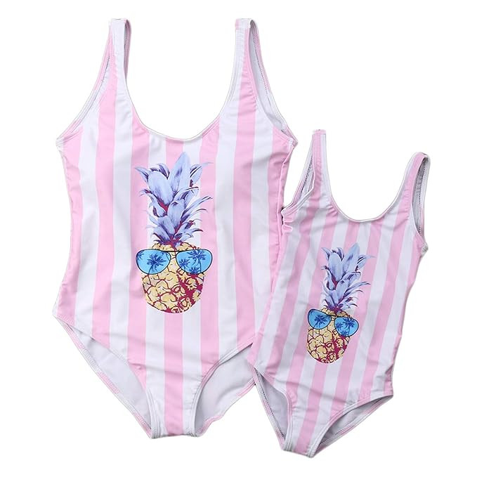 Mommy and Me Matching Pineapple Print Striped One-Piece Swimsuits Sleeveless Backless Monokini Fa... | Amazon (US)