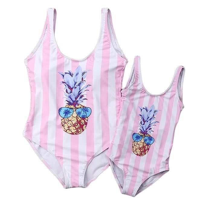 Mommy and Me Matching Pineapple Print Striped One-Piece Swimsuits Sleeveless Backless Monokini Fa... | Amazon (US)