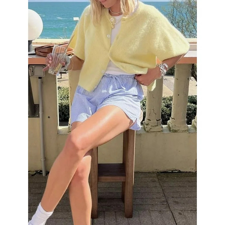 Hirigin Women's Solid Color Cardigan Short Sleeve Button Down Sweater | Walmart (US)