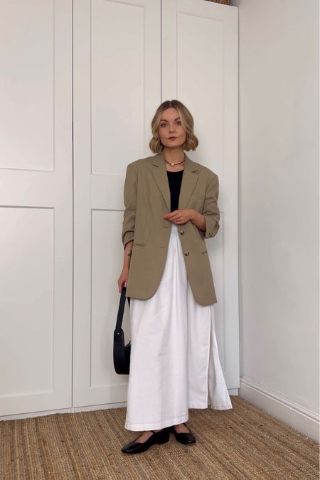 Beige blazer, vest top, maxi skirt, ballet flats mary jane, crossbody bag, necklace

#LTKSeasonal #LTKeurope #LTKstyletip