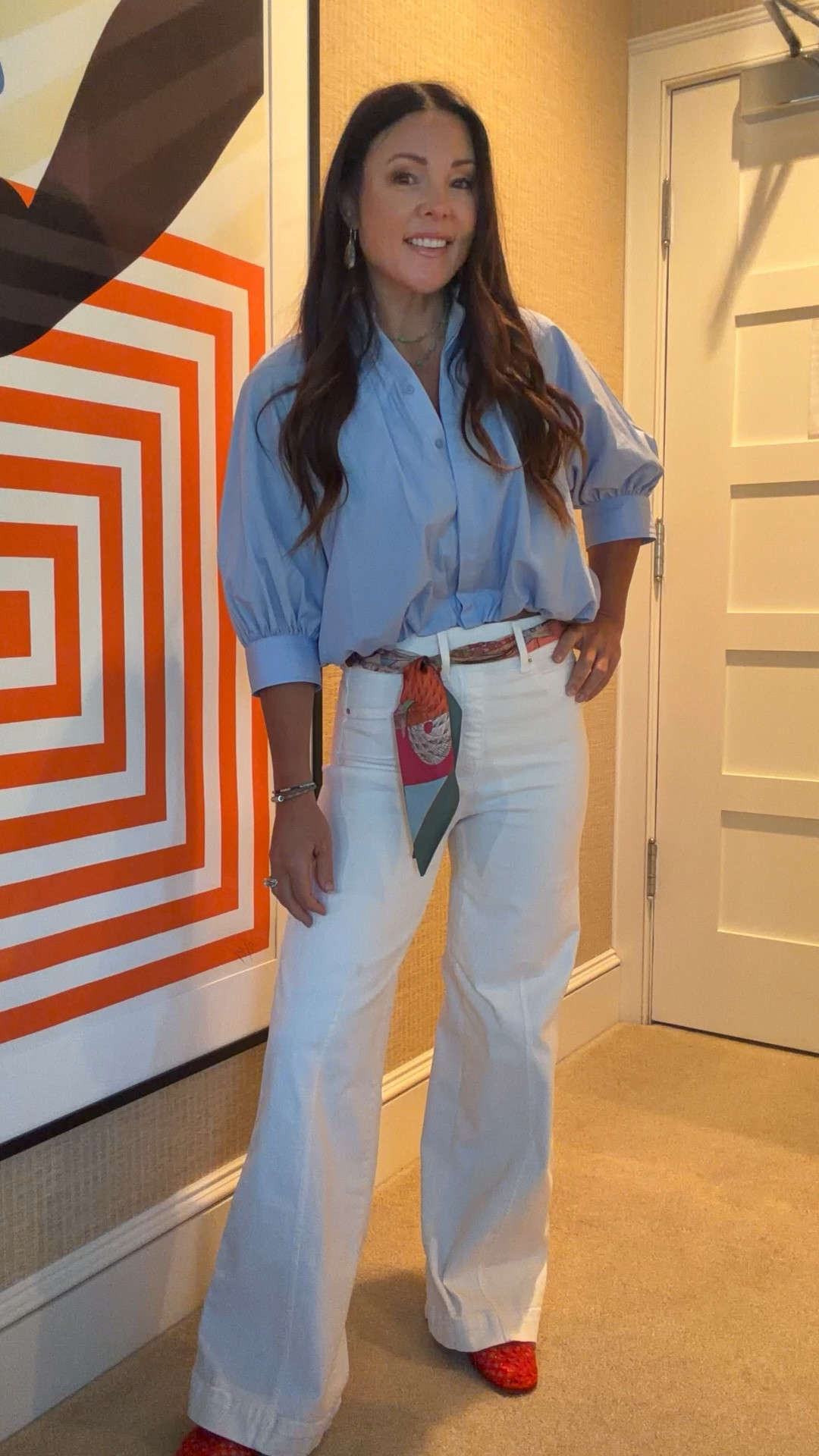 Summer sophisticated outfit with compression white wide leg jeans - staple here! Bubble sleeve blue button up shirt, scarf belt, and red jelly shoes

#LTKSaleAlert #LTKgrwm