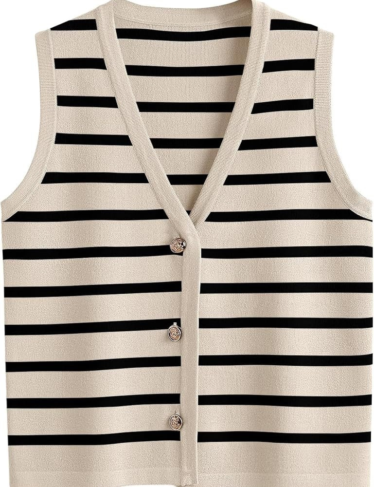 Women V Neck Sweater Vest Button Striped Knit Sleeveless Tops Summer Crop Crochet Tank Trendy Bus... | Amazon (US)