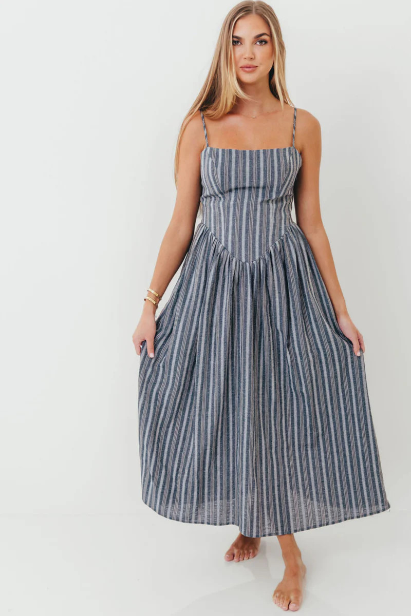 Nantucket 100% Cotton Midi Dress in Harborline | Worth Collective