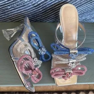 Mach & Mach Triple Bow Sandals Heels 39 Pink Blue Silver Strass 8 8.5 Clear Heel | Poshmark