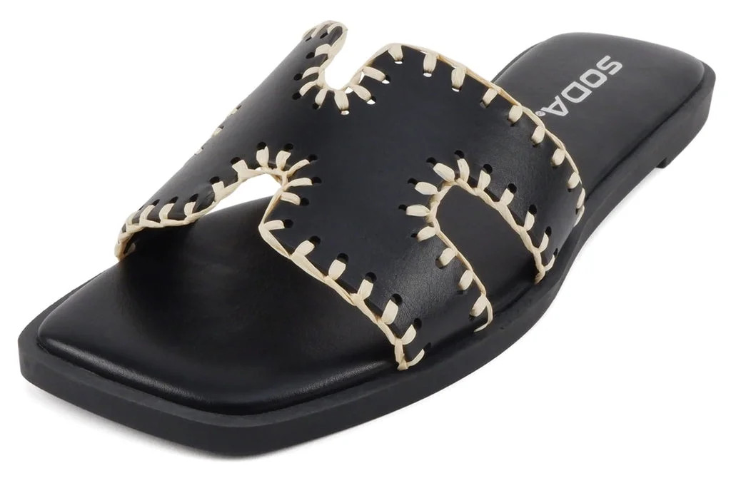 Soda Shoes Women Slip-On Sandals H-Band Flat Flip-Flops Slides Raffia Stitching Square Toe Finity... | Walmart (US)