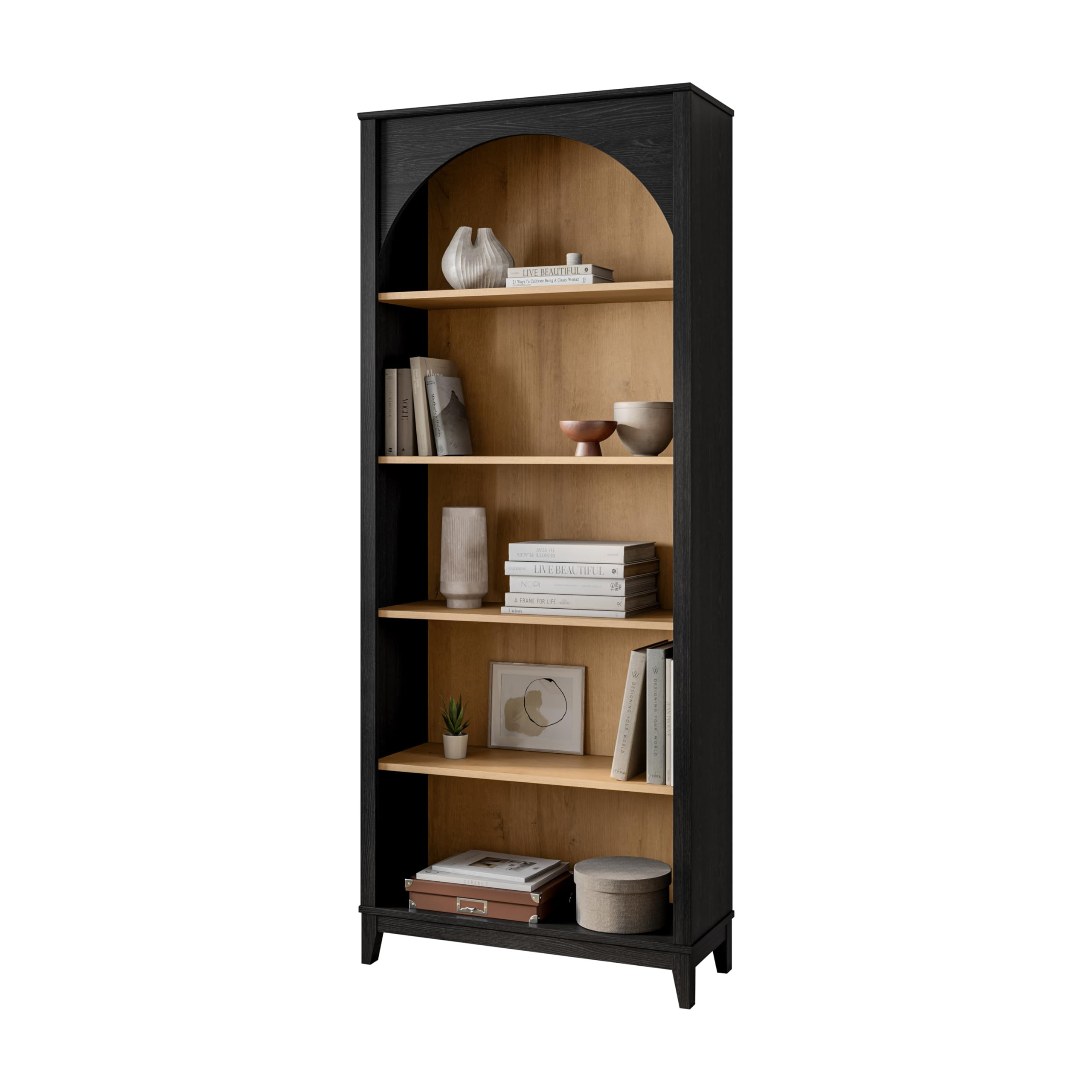 Prepac Ark 78" Tall 5-Tier Arched Bookcase, Black Oak with Oak Finish Interior, Modern Storage Ac... | Amazon (US)