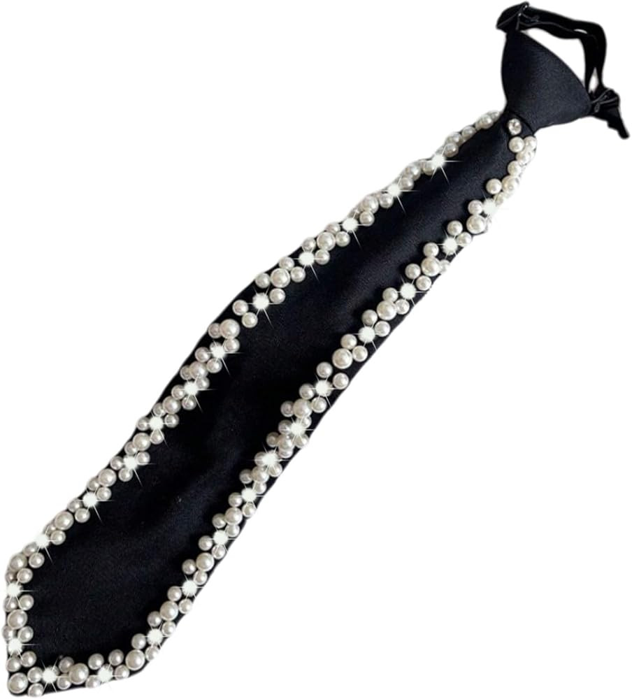 Women Faux Pearl Bow Tie, Black Silk Necktie, Adjustable Pre-tied Neck Tie with Rhinestones, Form... | Amazon (US)