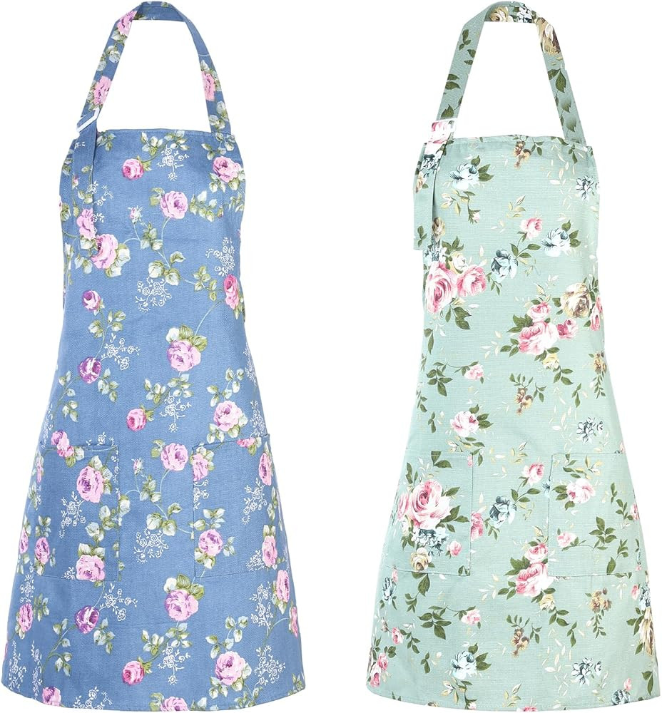Floral Aprons for Women, 2Pcs Adjustable Kitchen Aprons with 2 Large Pockets Cute Flower Vintage ... | Amazon (US)