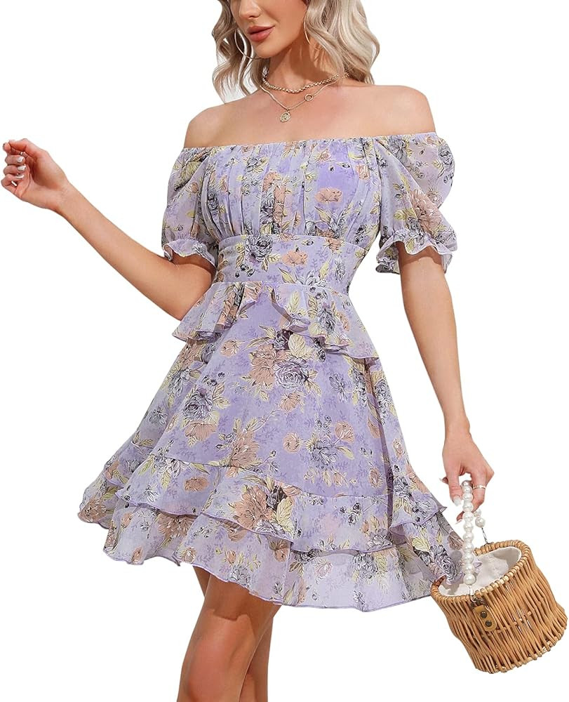 EXLURA Womens Floral Ruffle Sun Dress Sundress Tiered Square Neck Long Sleeve Off Shoulder Smocke... | Amazon (US)
