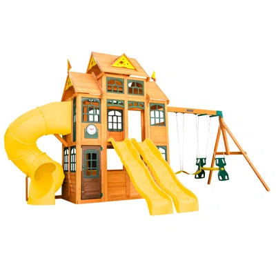 Atlas Point Wooden Outdoor Swing Set with Kitchen, Slides and Glider | Wayfair North America