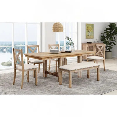 Farmhouse 82Inch 6-Piece Extendable Dining Table With Footrest, 4 Upholstered Dining Chairs And Dining Bench, Two 11"Removable Leaf | Wayfair North America