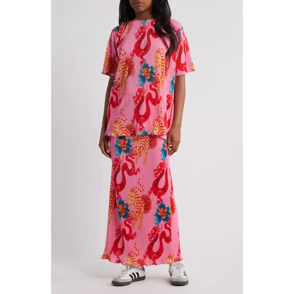 Dressed in Lala Grunge Girl Oversize Plissé Top & Maxi Skirt Set in Pink Dragon at Nordstrom, Size Xx-Large | Nordstrom
