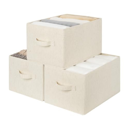StorageWorks Storage Baskets for Shelves, Foldable Fabric Closet Storage Bins with Handles, Fabric Storage Bins Clothes Organizer, Beige(Cotton-linen), 3-Pack, Large | Amazon (US)