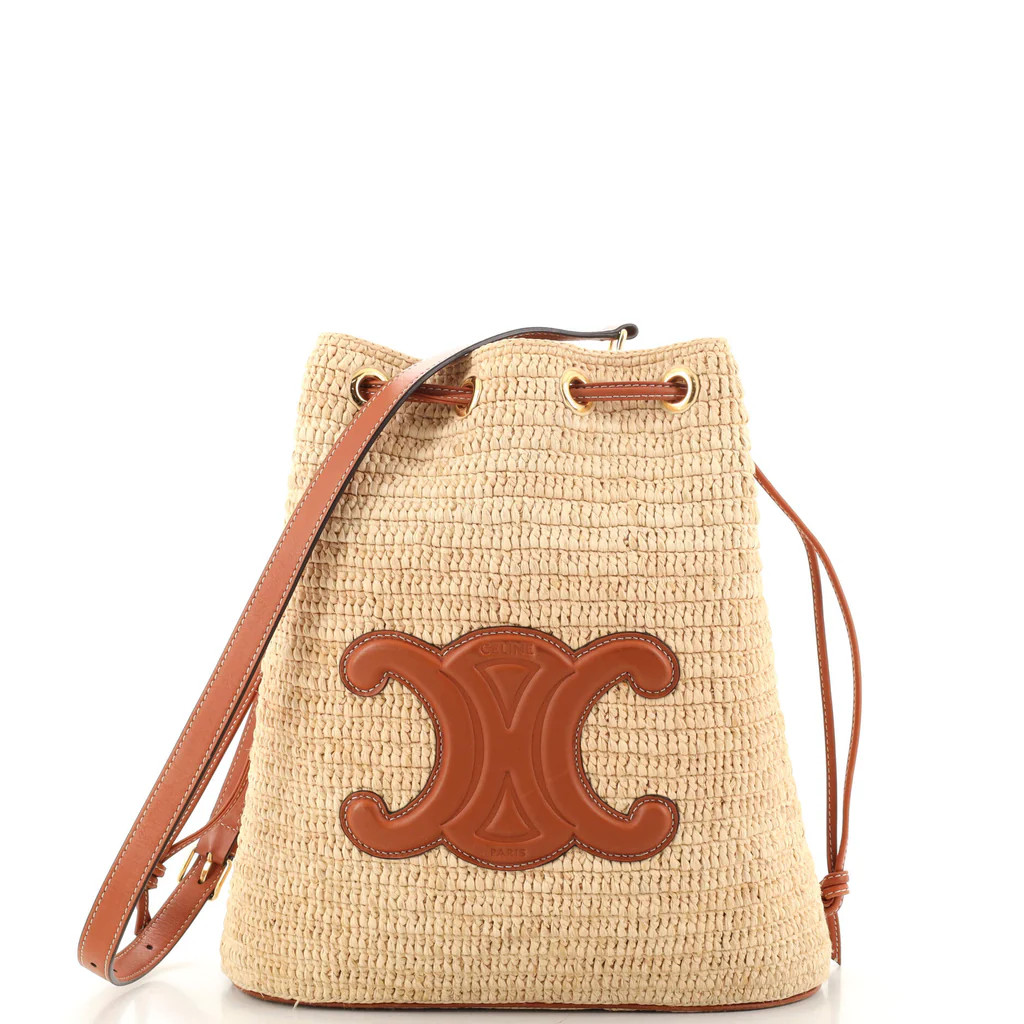 Triomphe Drawstring Bucket Bag Raffia with Leather | Rebag