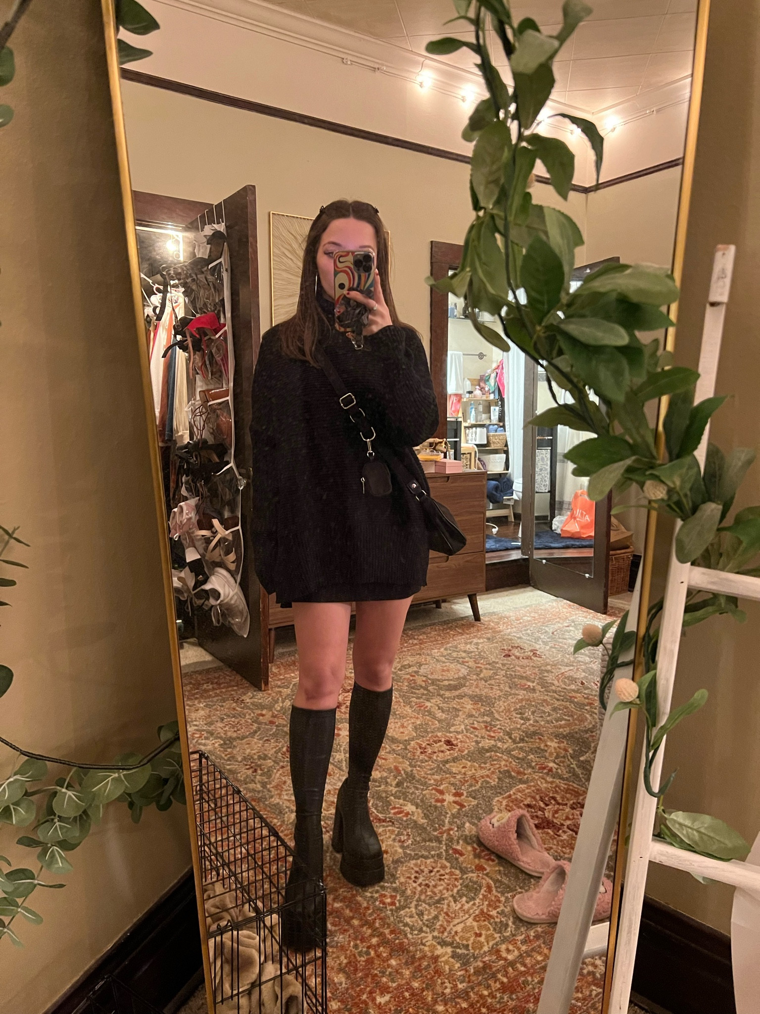 night out, casual night out, sweater dress, platform boots, crossbody purse, steve madden boots, steve madden platform boots, all black outfit, black outfit inspo, night out outfit