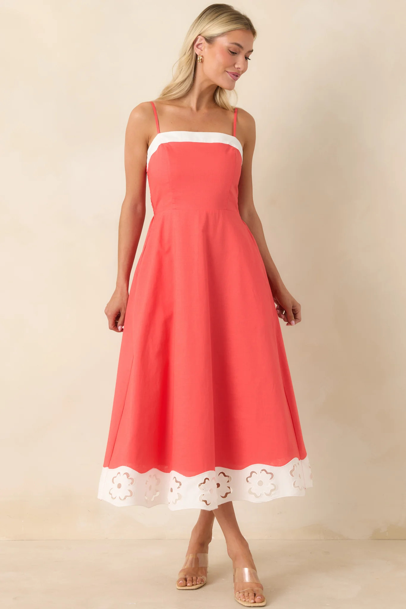 Cut Out for It Poppy Red & Ivory Cotton Linen Floral Cutout Midi Dress | Red Dress