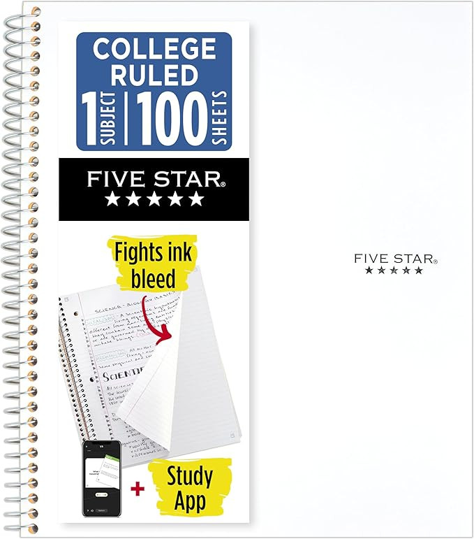 Five Star Spiral Notebook + Study App, 1 Subject, College Ruled Paper, 8-1/2" x 11", 100 Sheets, ... | Amazon (US)