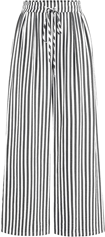 PRETTYGARDEN Womens Pants Elastic Waist Striped Lightweight Palazzo Pant | Amazon (US)