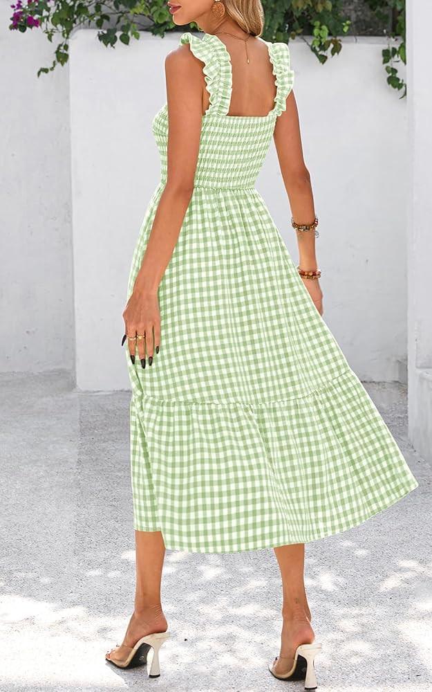 PRETTYGARDEN Womens Summer Dress Casual Square Neck Ruffle Strap Gingham Smocked Midi Flowy A Lin... | Amazon (US)