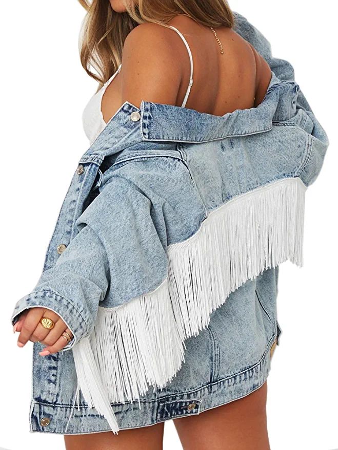 Jean Jacket Women Washed Denim Jacket (L, Oversized fringe jacket) at Amazon Women's Jeans store | Amazon (US)