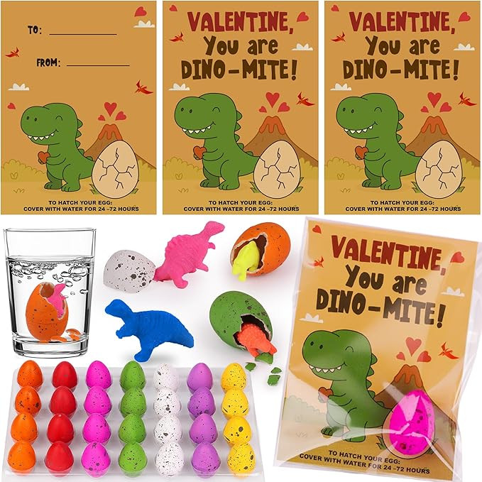 28 Pack Valentines Day Gifts for Kids Classroom Dinosaur Egg Hatching Toys with Valentines Cards ... | Amazon (US)