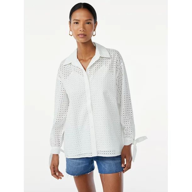 Scoop Women's Eyelet Blouse with Long Sleeves - Walmart.com | Walmart (US)