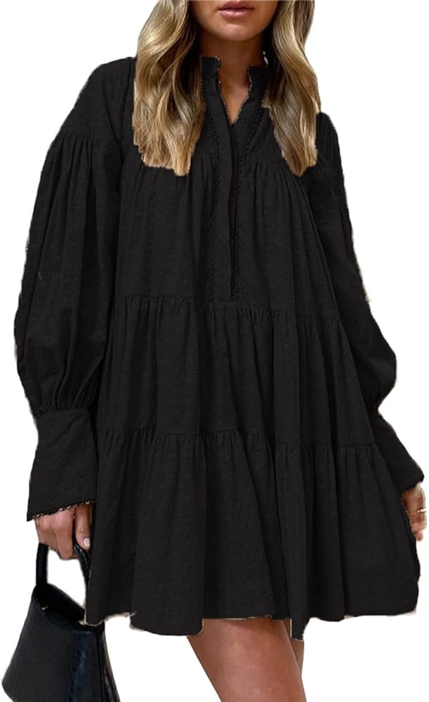 Women's Bohemian Floral Print Button Down Long Lantern Sleeve Shift Tunic Dress Casual Ruffle Swi... | Amazon (US)