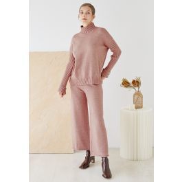 High Neck Buttoned Cuff Sweater and Knit Pants Set in Pink | Chicwish