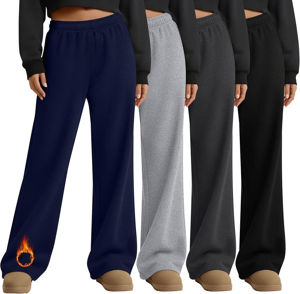 Oakgarden 4 Pack Women's Fleece Straight Leg Sweatpants, Open Bottom Thermal Baggy Pants Lounge D... | Amazon (US)