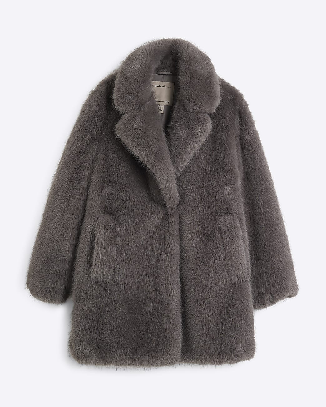 Grey mid length faux fur coat | River Island (UK & IE)