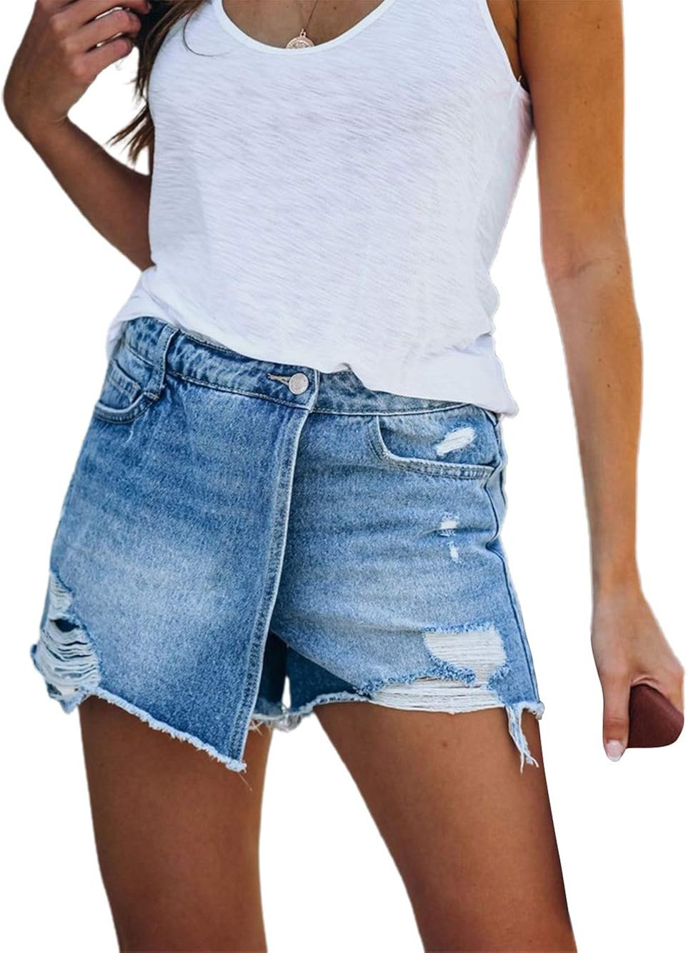 CHARTOU Women's High Waist Distressed Frayed Wrap Mini Denim Skort Shorts | Amazon (US)