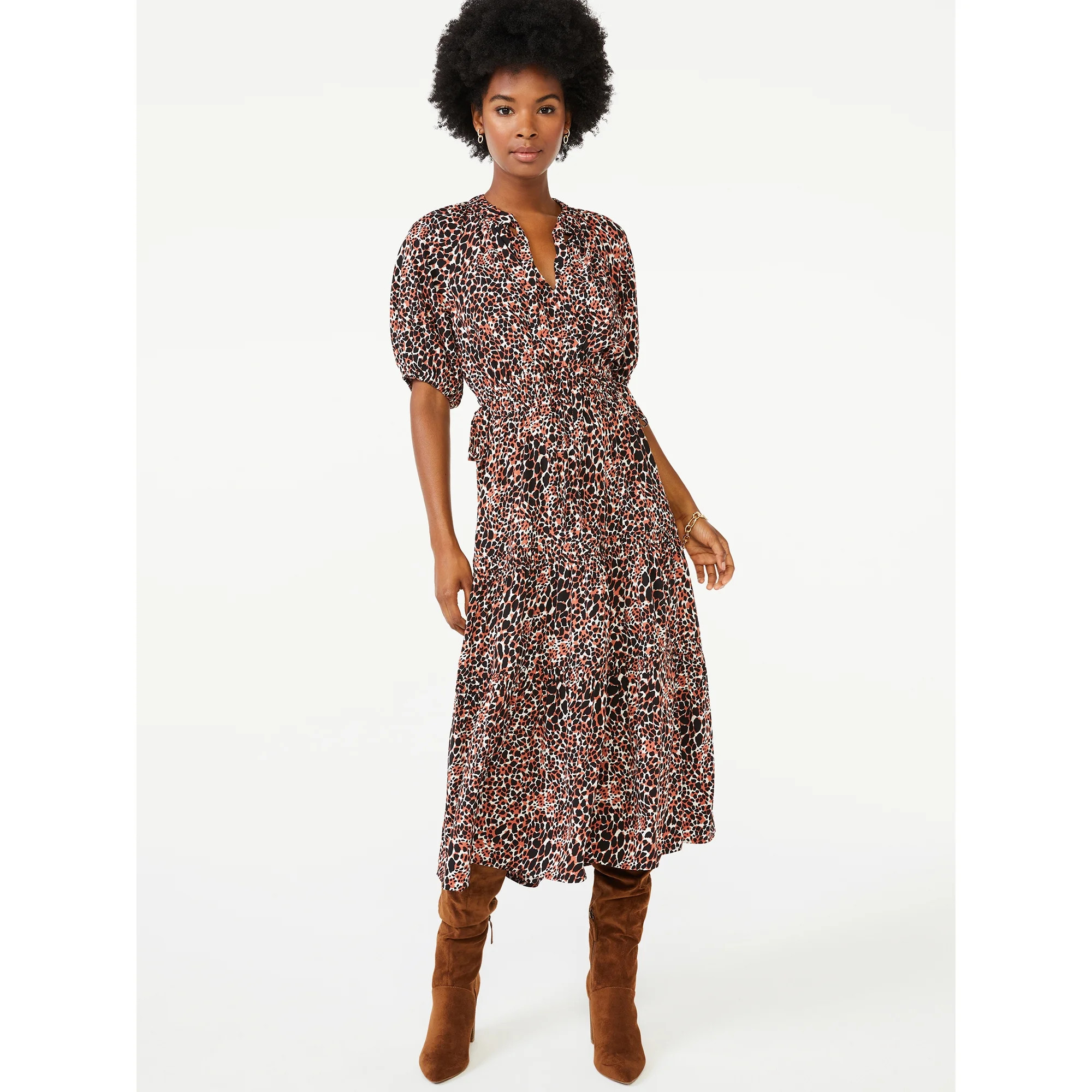 Scoop - Scoop Women's Split Neck Tiered Midi Dress - Walmart.com | Walmart (US)
