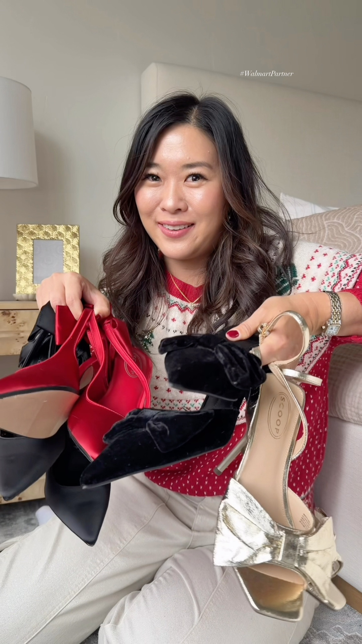 Walmart Holiday Heels under $45! 
I went TTS in the gold pair and the red/black bow ones. I sized up half in the slip on mule heels.
#WalmartPartner @WalmartStyle #WalmartStyle

Holiday Sweater: Large
Pants: 8