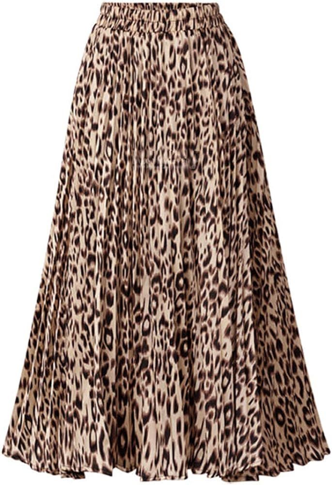 Womens Chic Elastic High Waisted A Line Leopard Print Pleated Shirring Midi-Long Skirt | Amazon (US)