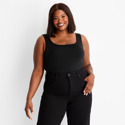 Women's Seamless Tank Bodysuit - A New Day™ Black 1X: Slim Fit, Squareneckline, Sleeveless, Crotch Snap Closure, Plus Size | Target
