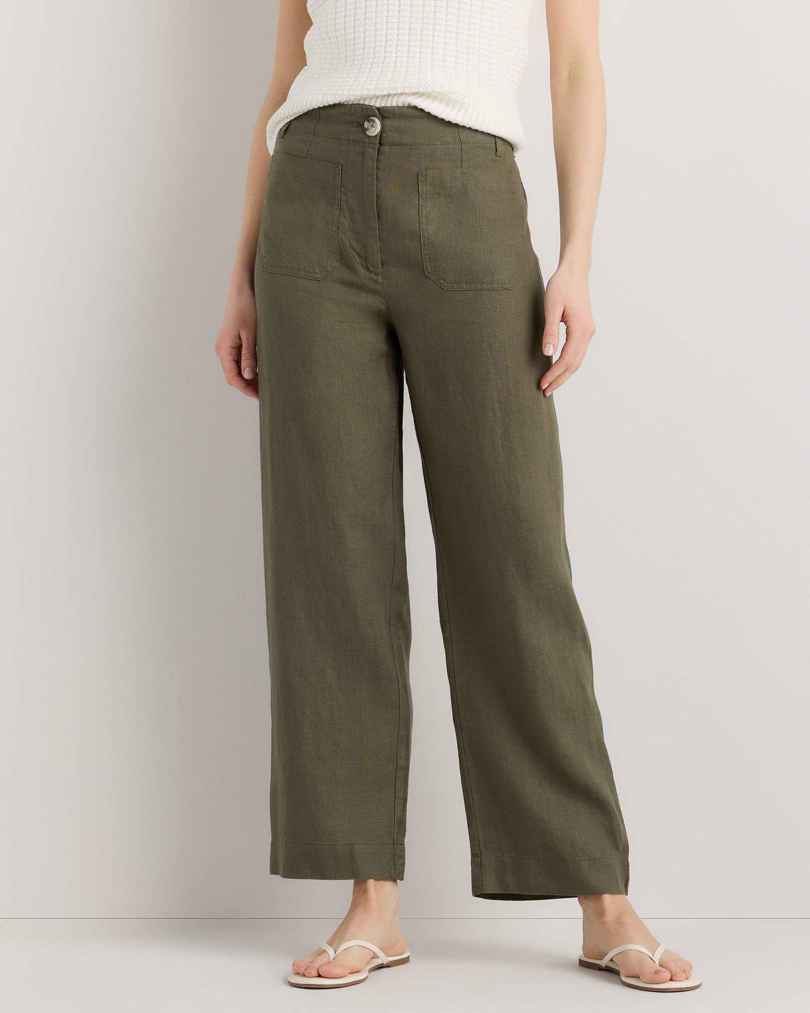 Quince | Women's 100% European Linen Patch Pocket Wide Leg Pants in Bayberry Olive, Size 6 | Quince