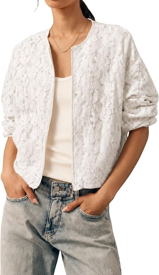 Daacee Women's Lightweight Lace Jacket Zipper Lined Crew Neck Long Sleeve Boho Jackets with Pocke... | Amazon (US)