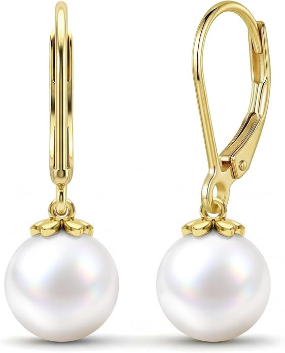 Women's 14K Gold Plated Four-Leaf Clover Pearl Drop Dangle Earrings | 9mm Freshwater Pearl Earrin... | Amazon (US)
