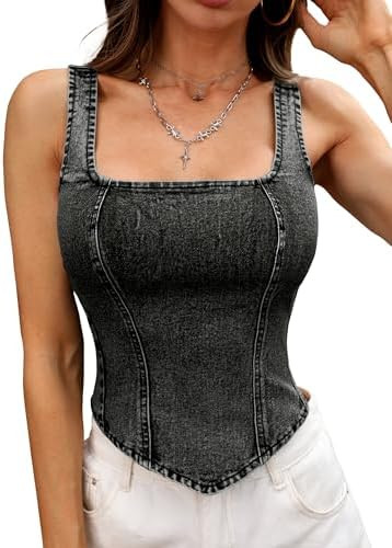 ELLEVEN Women’s Denim Corset Tank Top, High Stretch Sleeveless Jean Vest Top Zip Up Back Y2k Go... | Amazon (US)