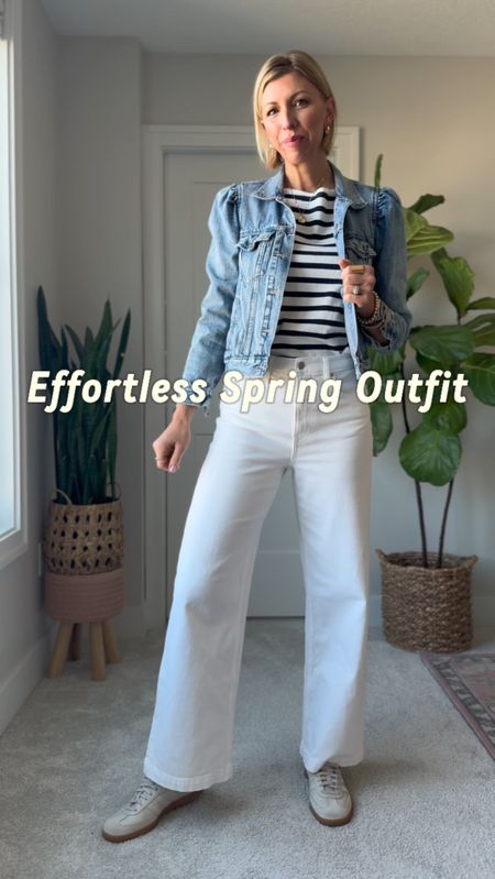 Spring outfit for everyday with white leg jeans, stripe tee, denim jacket 

Im wearing a size 28 in these jeans- I recommend going up a size in white jeans are a relaxed & figure flattering jeans 👍🏻

#LTKstyletip #LTKVideo #LTKover40