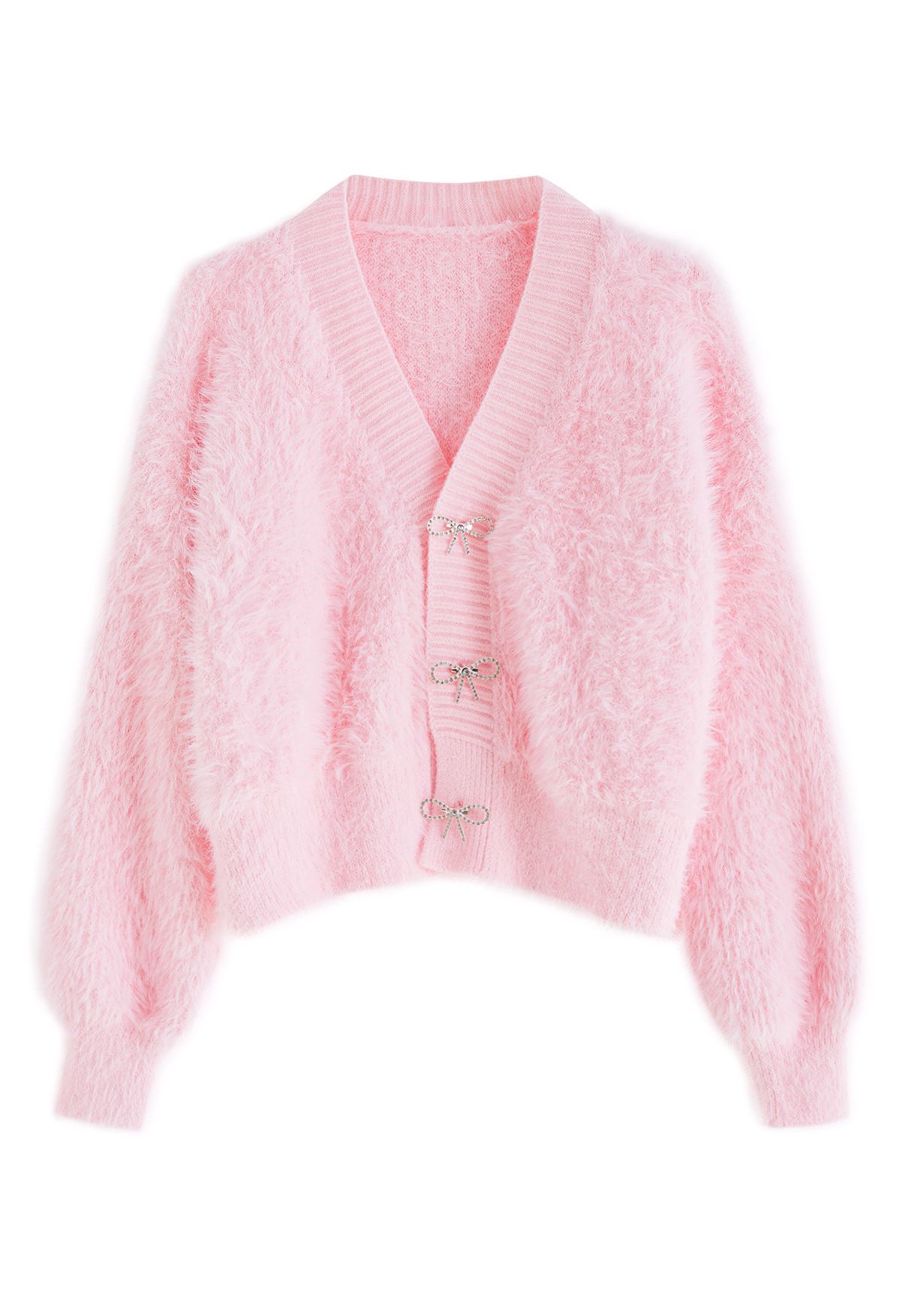 Bowknot Brooch Fuzzy Knit Cardigan in Pink | Chicwish