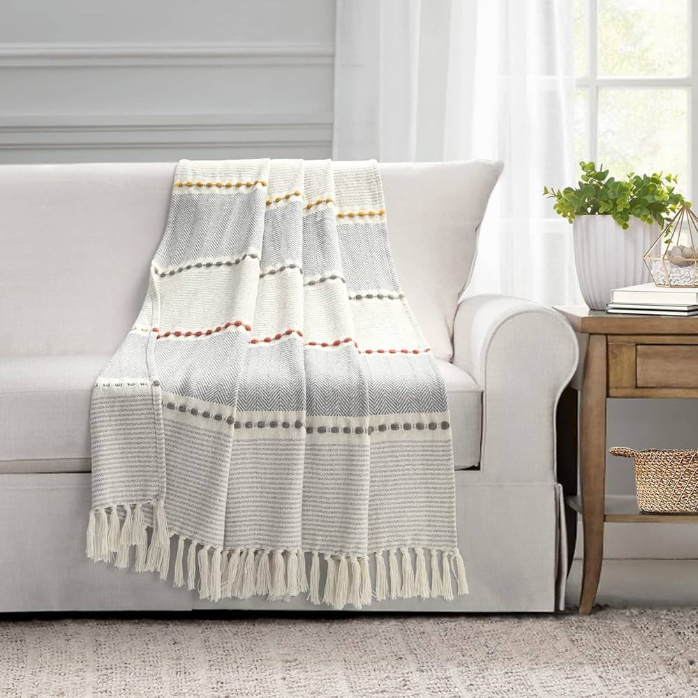 Lush Decor Herringbone Stripe Cotton Throw Blanket 60" x 50" Yellow & Gray | Amazon (US)